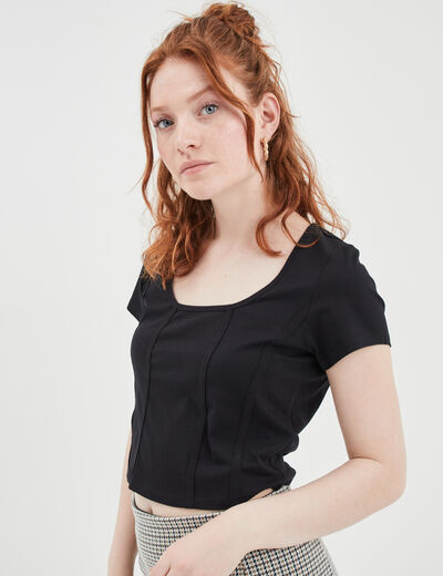 T-shirt court ajusté effet corset noir femme