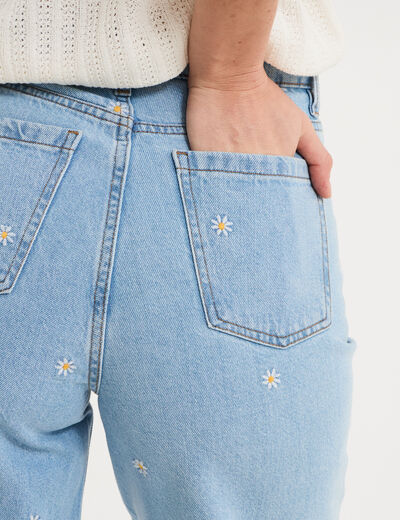 Jean large brod&eacute; taille haute coton denim triple stone femme