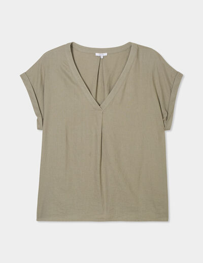 Blouse col V manches courtes mélange lin vert kaki femme grande taille