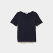Pull col rond textur&eacute; manches courtes bleu fonc&eacute; femme