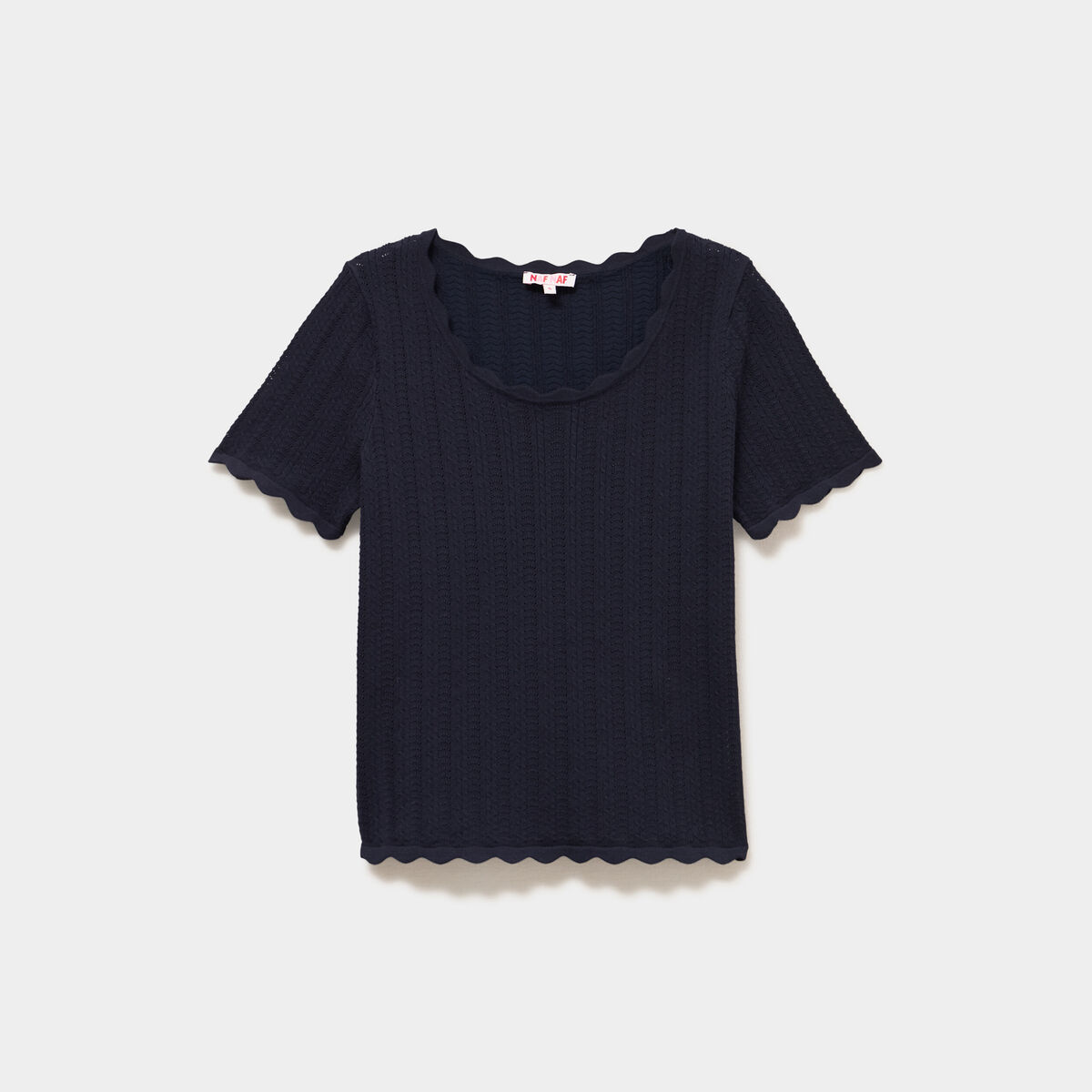 Pull col rond textur&eacute; manches courtes bleu fonc&eacute; femme