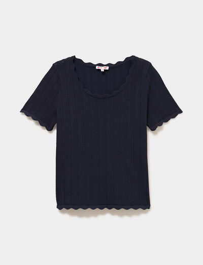 Pull col rond textur&eacute; manches courtes bleu fonc&eacute; femme