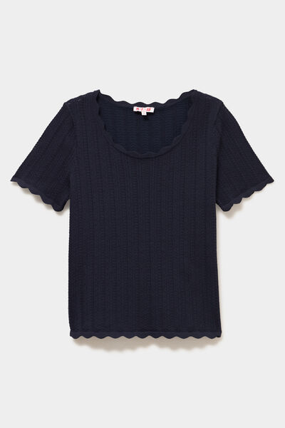 Pull col rond textur&eacute; manches courtes bleu fonc&eacute; femme