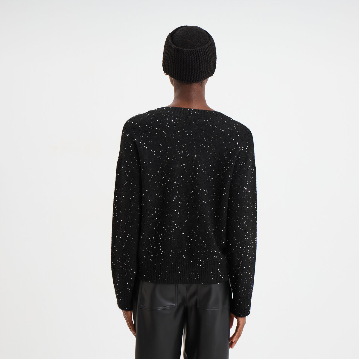 Pull col V &agrave; paillettes et sequins noir femme