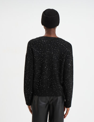 Pull col V &agrave; paillettes et sequins noir femme