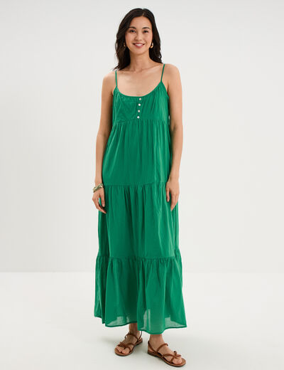 Robe longue &agrave; volants fines bretelles vert canard femme