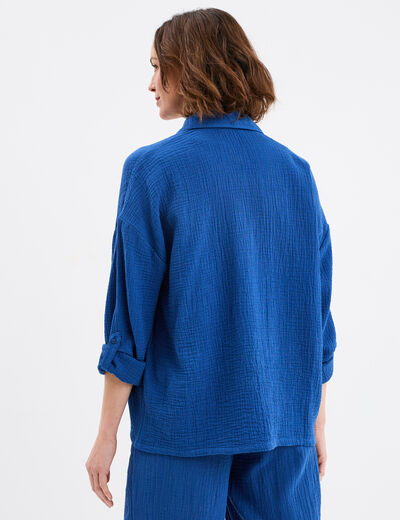 Chemise manches longues en gaze de coton bleu marine femme