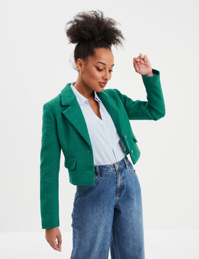Veste courte tweed col tailleur vert femme