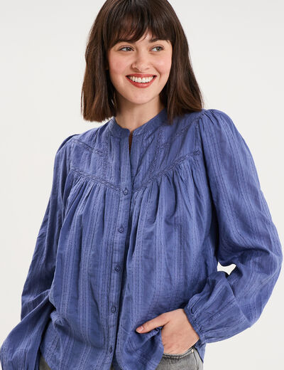Blouse droite col tunisien coton bleu gris femme