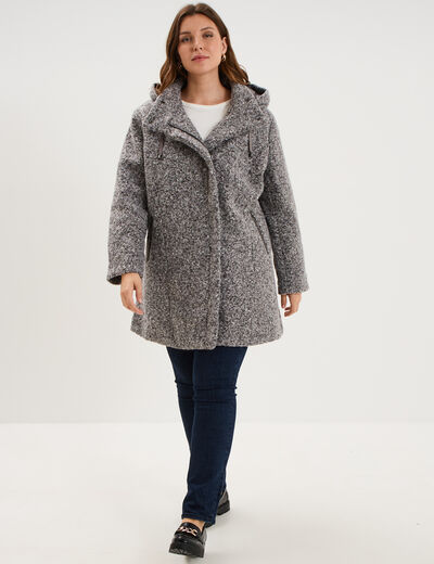 Manteau aspect bouclette &agrave; capuche gris femme grande taille