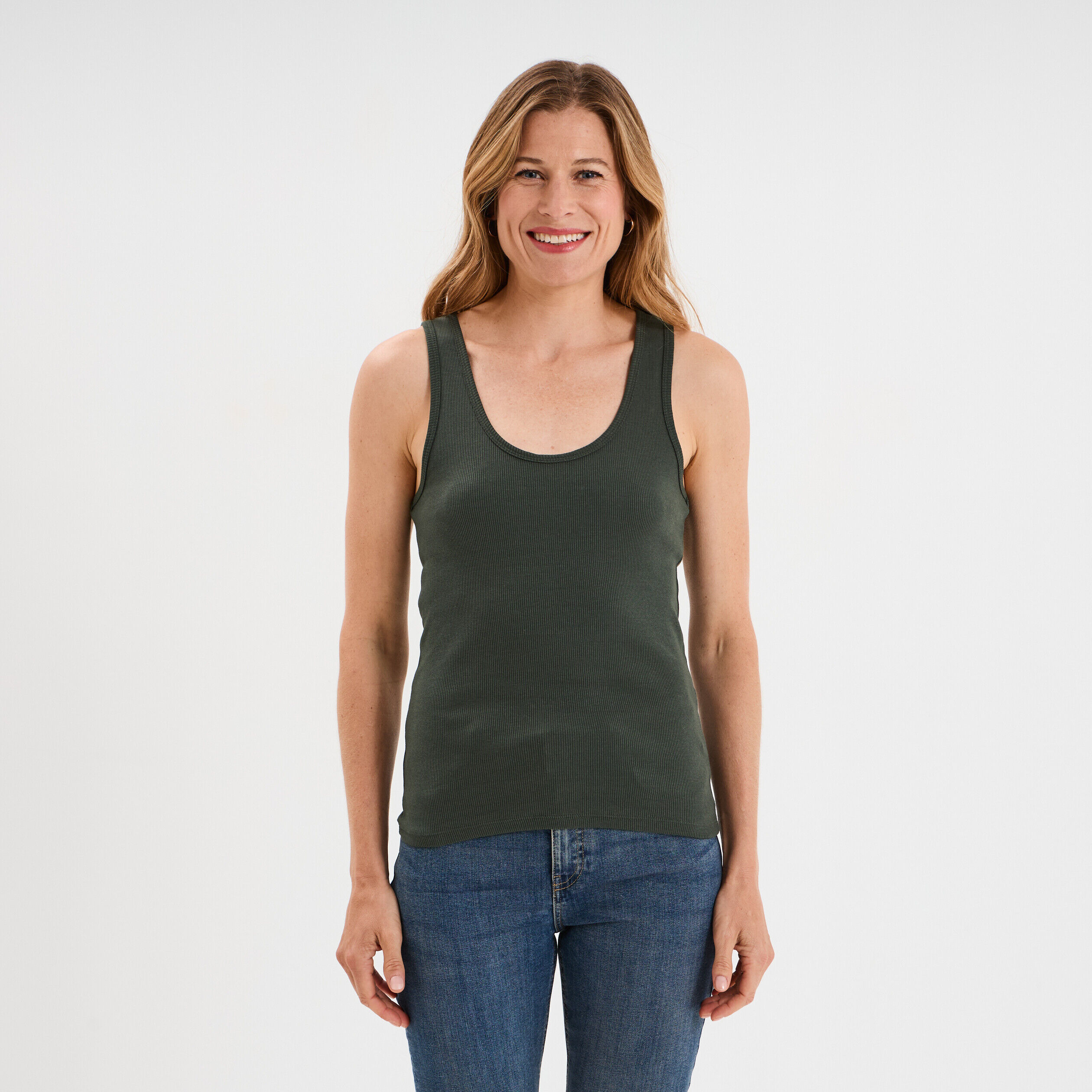 Débardeur col rond côtelé coton vert kaki femme LH