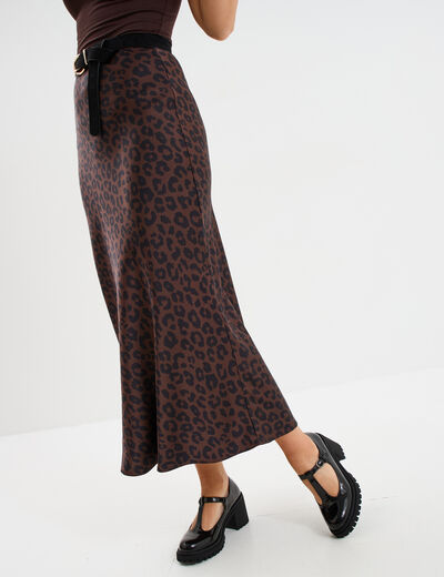 Jupe effet satin midi évasée marron foncé femme
