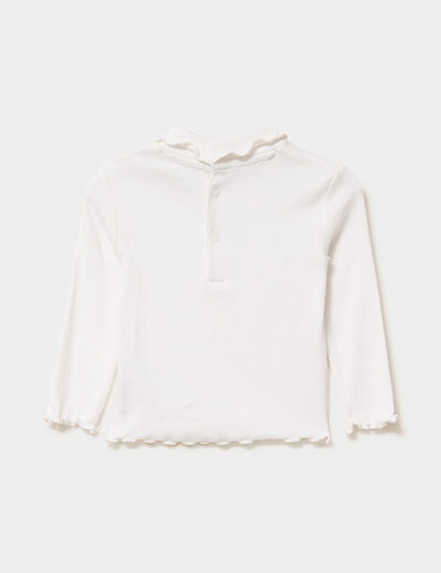 T-shirt col roul&eacute; bords vagues coton blanc b&eacute;b&eacute; fille