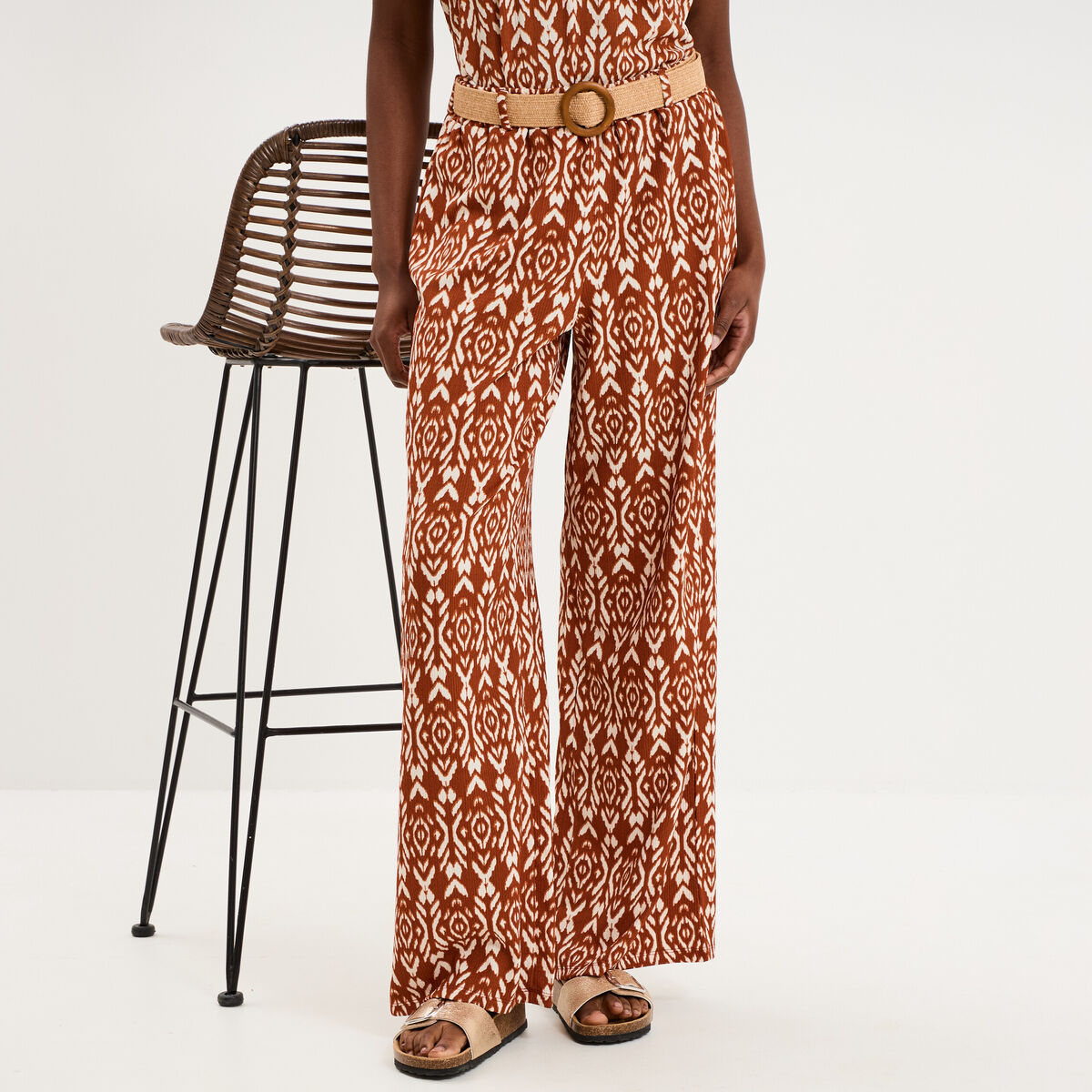 Pantalon fluide large avec ceinture orange fonc&eacute; femme