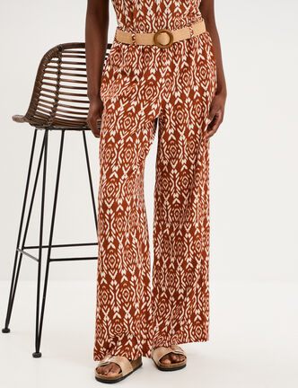 Pantalon fluide large avec ceinture orange fonc&eacute; femme