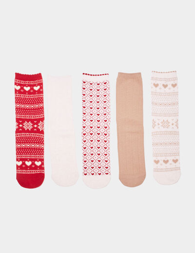 Lot 5 paires de chaussettes jacquard rouge femme
