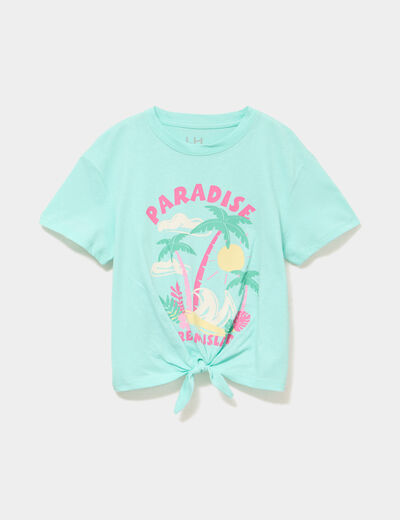 T-shirt nou&eacute; manches courtes coton vert clair fille