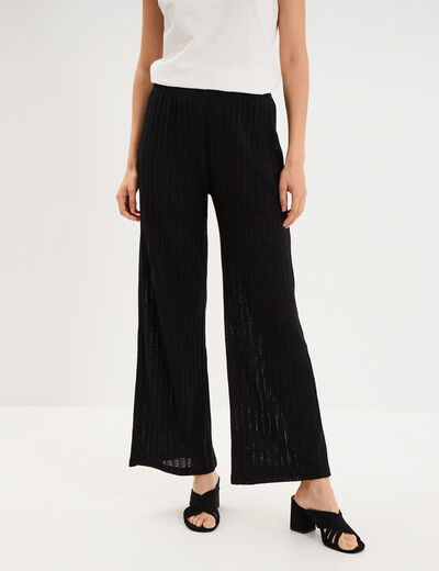Pantalon large effet crochet &eacute;lastiqu&eacute; noir femme