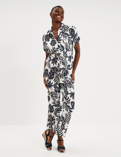Pantalon fluide &eacute;lastiqu&eacute; gaze de coton ecru femme