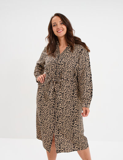 Robe chemise longue ceintur&eacute;e beige femme grande taille