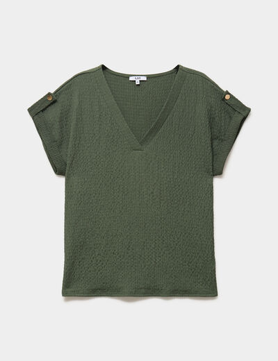 T-shirt col en V et pattes &eacute;paules vert kaki femme