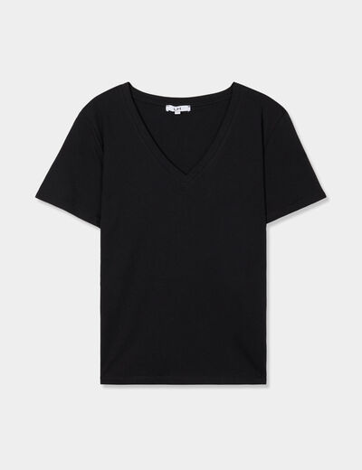 T-shirt manches courtes col en V coton noir femme