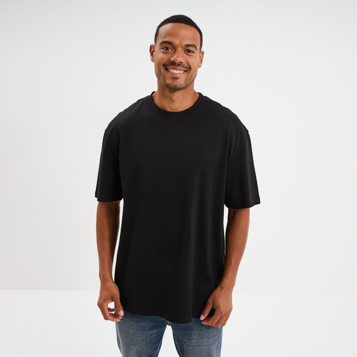 T-shirt col rond coupe relax coton &eacute;pais noir homme