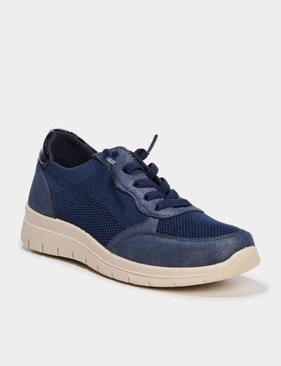 Tennis basses &agrave; lacets pied large bleu marine femme