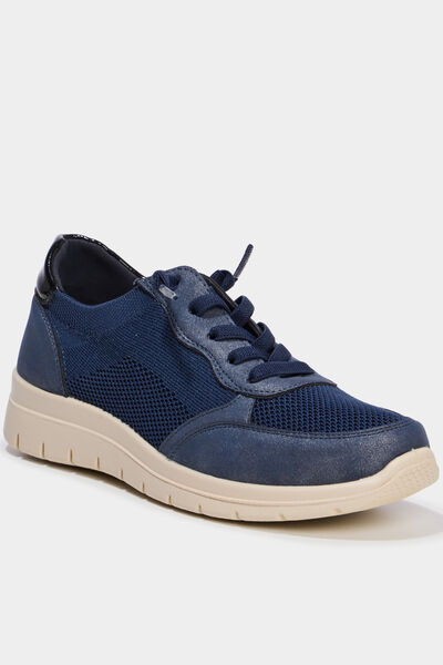 Tennis basses &agrave; lacets pied large bleu marine femme