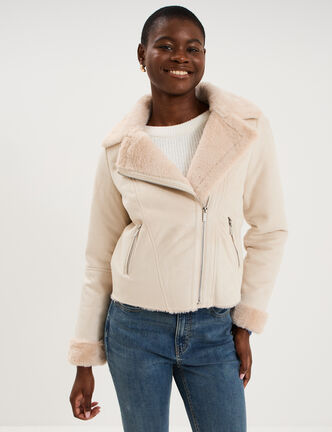 Veste col aviateur zipp&eacute;e doubl&eacute;e beige femme