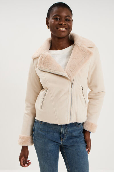 Veste col aviateur zipp&eacute;e doubl&eacute;e beige femme