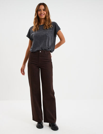 Jean large taille haute coton marron foncé femme