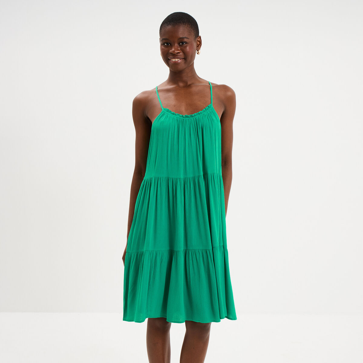 Robe fluide &agrave; volants fines bretelles vert canard femme