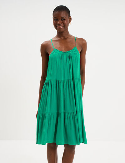 Robe fluide &agrave; volants fines bretelles vert canard femme