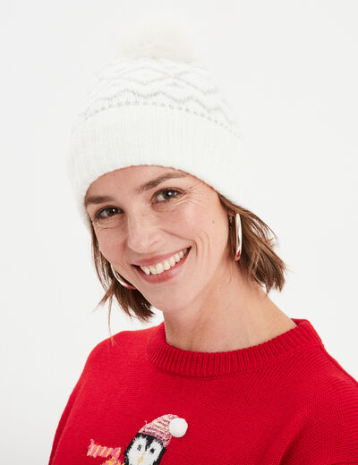 Bonnet avec pompon ivoire femme