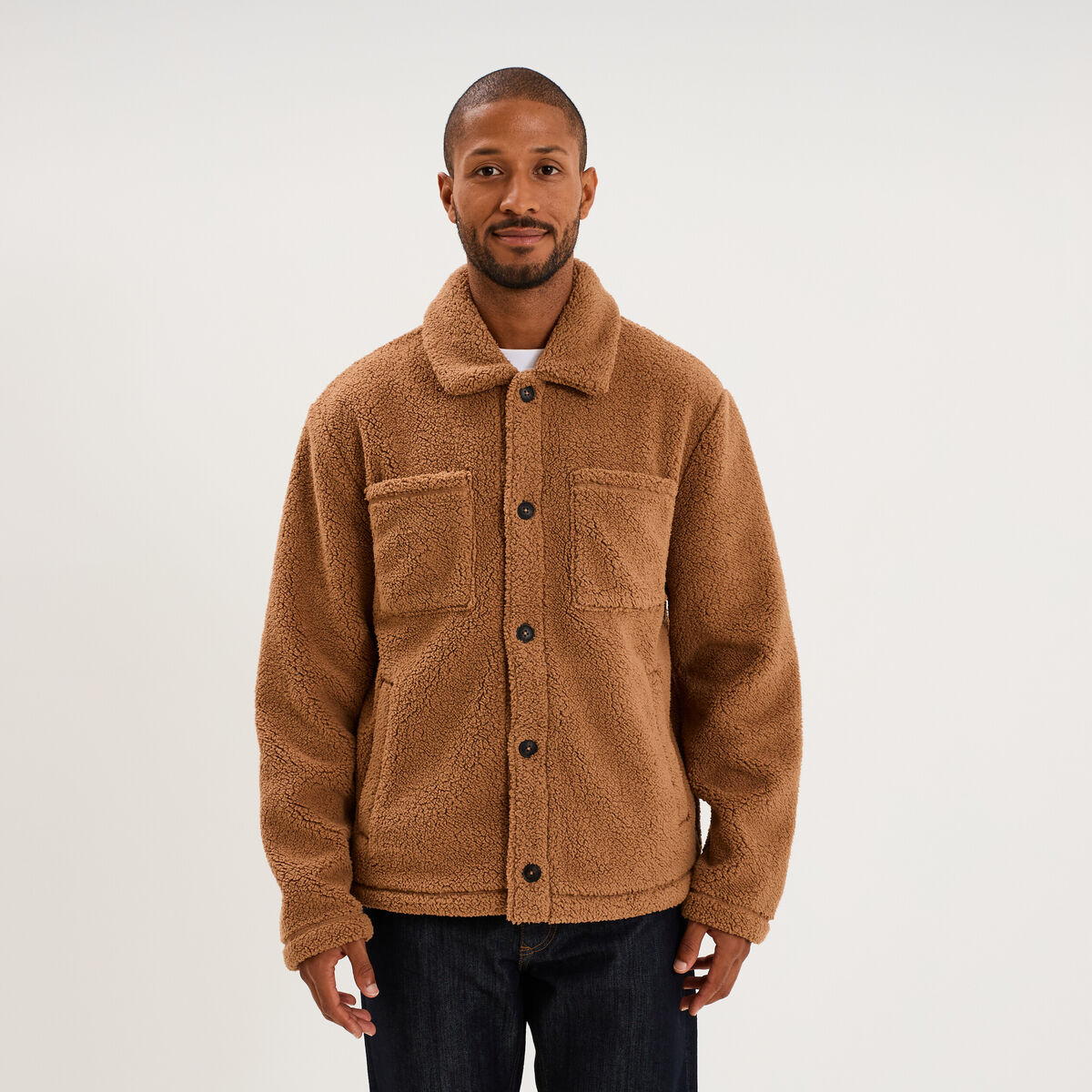 Veste sherpa polaire boutonn&eacute;e marron homme