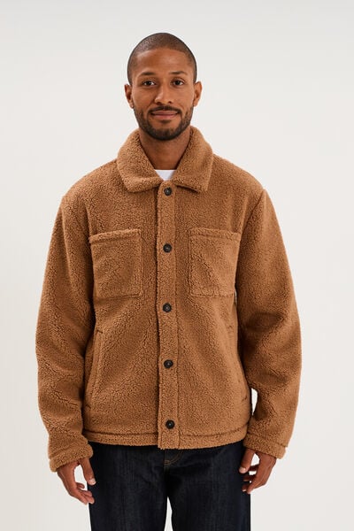 Veste sherpa polaire boutonn&eacute;e marron homme