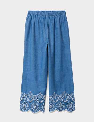 Pantalon avec broderie taille haute denim double stone femme