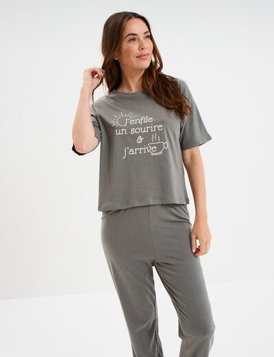 Ensemble pyjama pantalon et t-shirt vert kaki femme