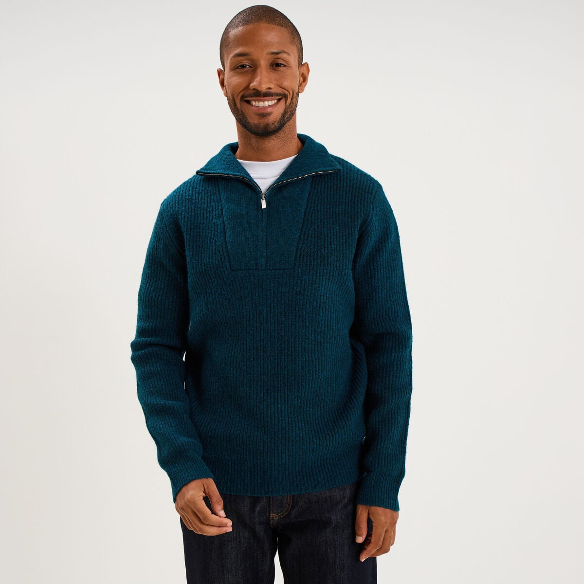 Pull avec col camionneur c&ocirc;tel&eacute; bleu canard homme