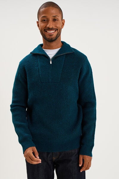 Pull avec col camionneur c&ocirc;tel&eacute; bleu canard homme
