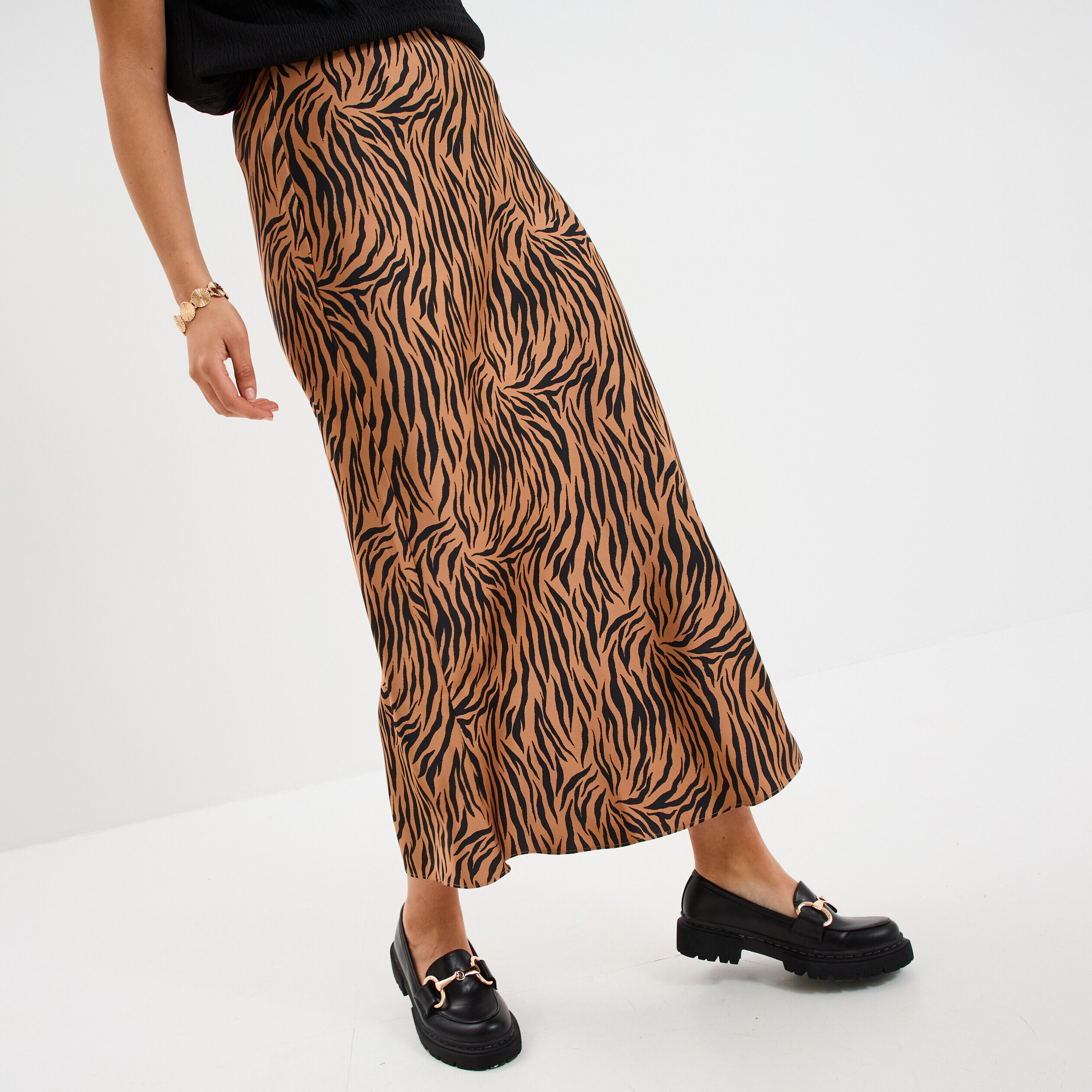 Jupe effet satin midi évasée camel femme MOSQUITOS