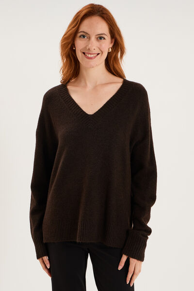 Pull col en V manches longues marron fonc&eacute; femme