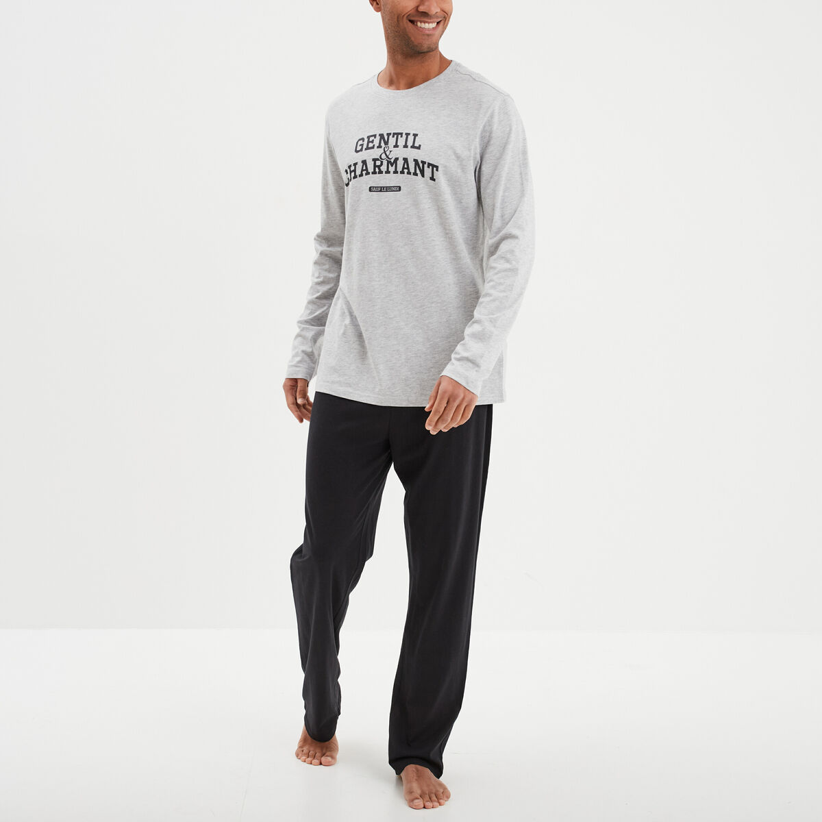 Ensemble pyjama pantalon 2 pi&egrave;ces coton gris homme
