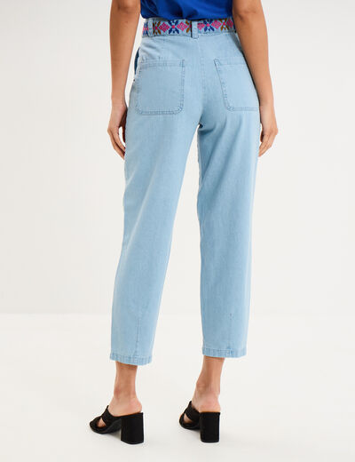 Jean mom cropped taille haute &agrave; ceinture denim triple stone femme
