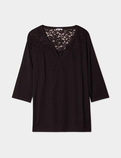 T-shirt col tunisien avec dentelle noir femme grande taille