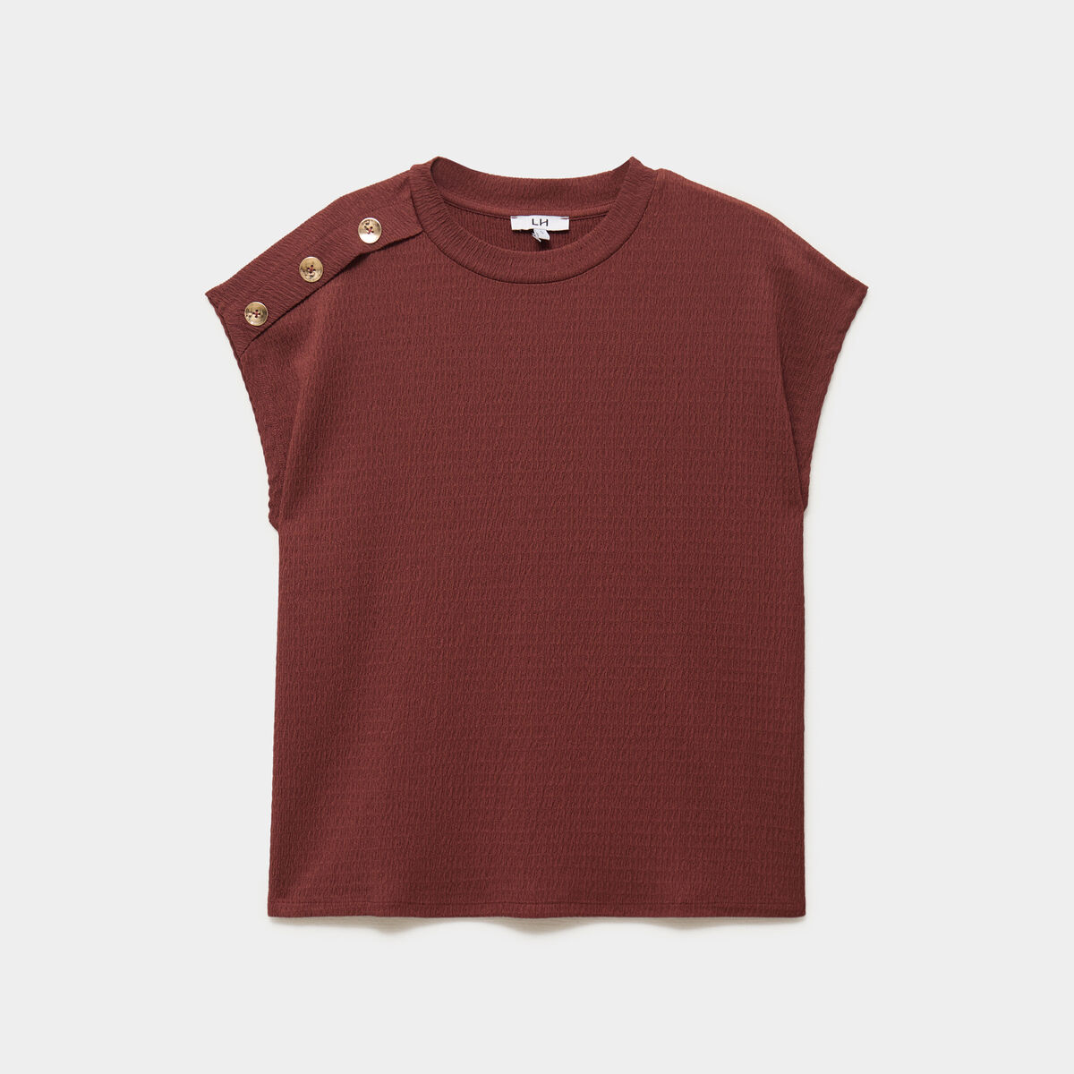 T-shirt gaufr&eacute; col rond avec boutons bordeaux femme