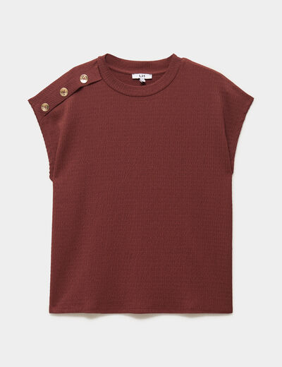T-shirt gaufr&eacute; col rond avec boutons bordeaux femme