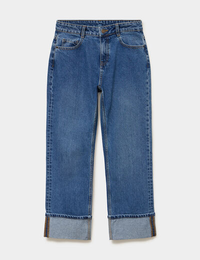 Jean droit cropped bas revers denim stone femme