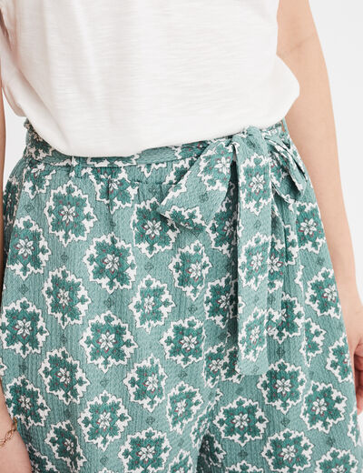 Short fluide taille élastiquée ceinturée vert femme